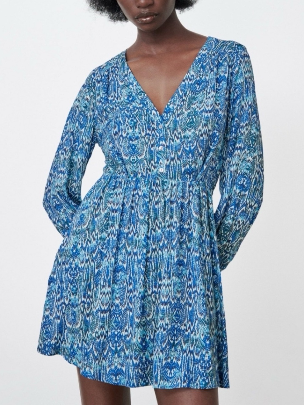 Zara Blue Abstract Print Mini Dress Size Large | Long Sleeve V-Neck